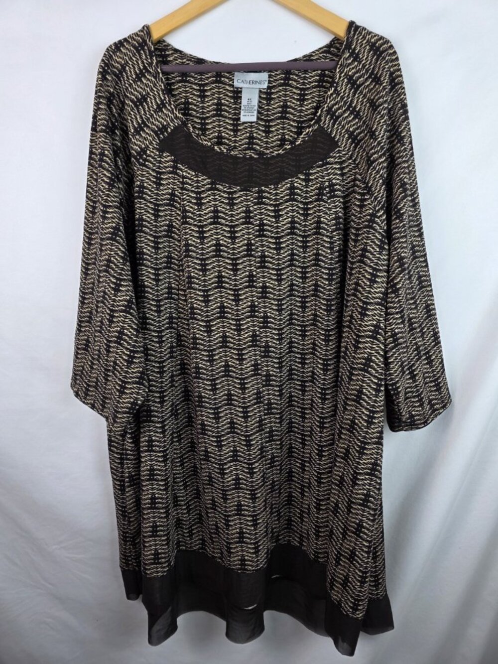 Catherines Women's Tunic Top Plus Size 4X Brown 3/4 Sleeve Shirt Sheer Pieces